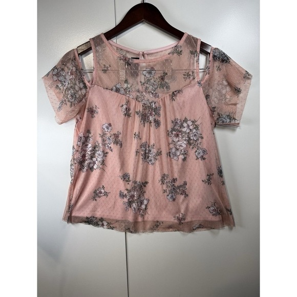 Tops - Amy Wear delicate pink open shoulder sheer top blouse M